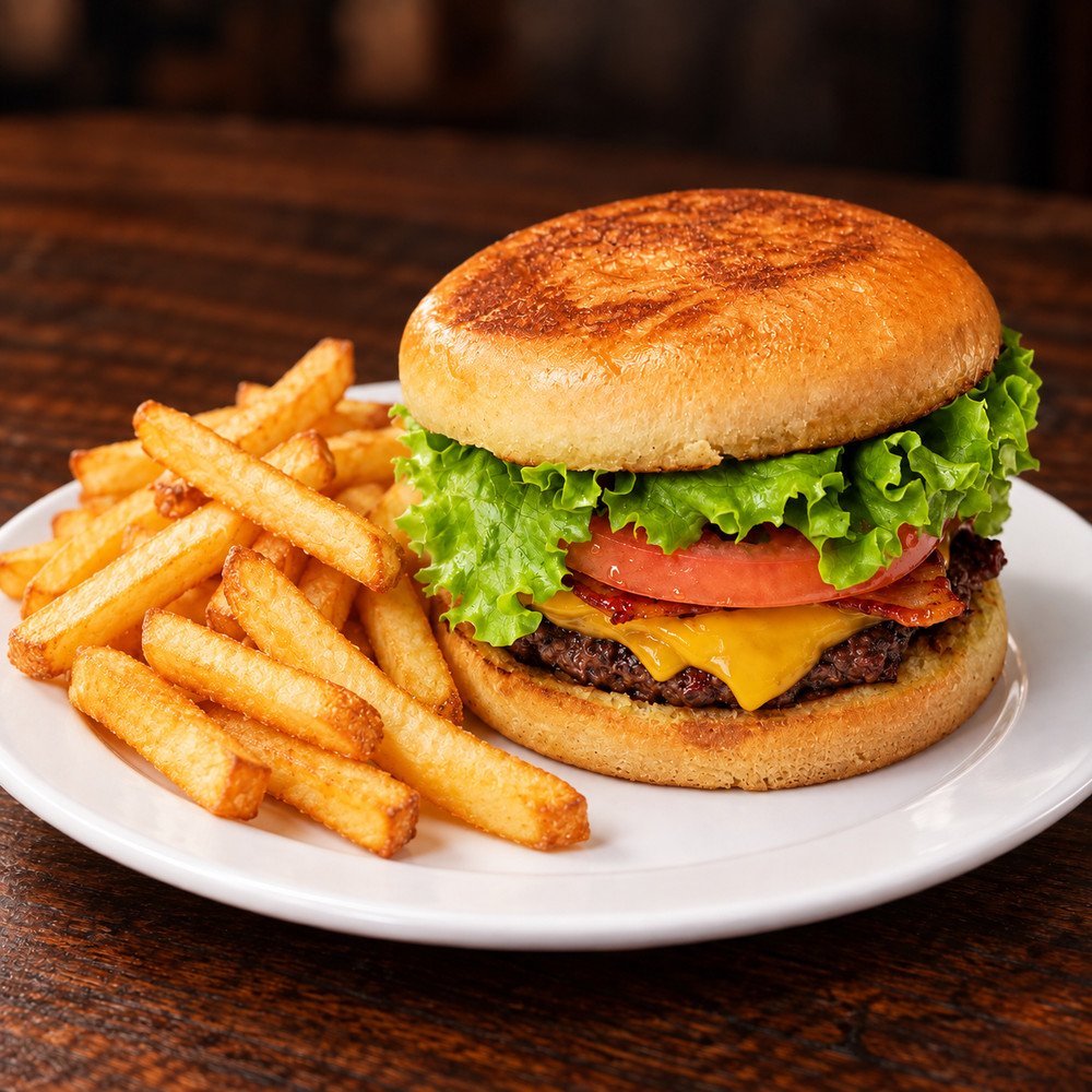 Hamburguesa americana con papas fritas en plato blanco