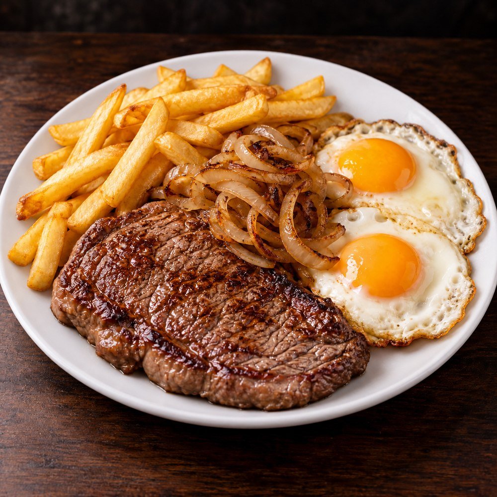 Lomo a lo pobre con papas fritas, cebolla y huevos fritos