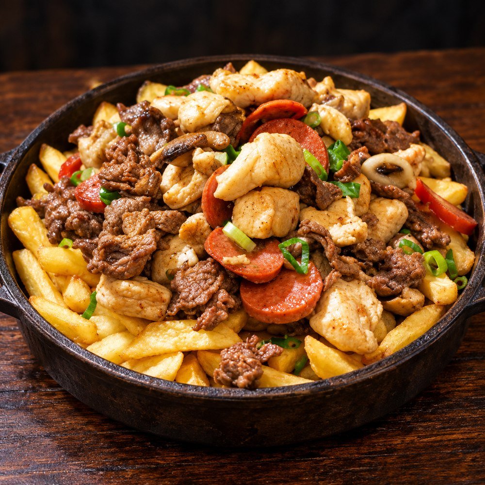 Tabla mixta de vacuno, cerdo, pollo y longaniza sobre papas fritas
